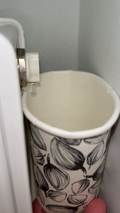 En kopp med bladmönster hålls nära en vattenkokares pip, vatten droppar ner i koppen.