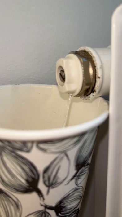 Vatten strömmar från en vit ventil in i en dekorativ kopp vid en grå vägg.
