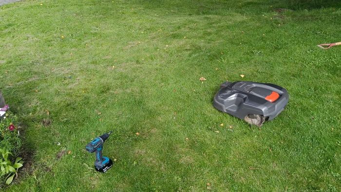 En robotgräsklippare klipper gräset. Det finns en bärbar borrmaskin till vänster. Grönt gräs med några spridda trädgårdsredskap och löv syns.
