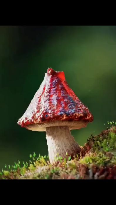 En röd svamp med vita prickar på en mossig yta, troligen en flugsvamp, med en suddig grön bakgrund.
