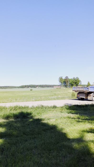 En gul grävmaskin av märket Volvo står i en grön äng med skog i bakgrunden under en klarblå himmel.