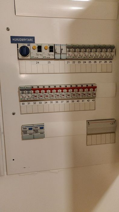 Två brytare i en elcentral med märkena "Moeller" och "hager". En är i avstängt läge. Etiketter visar tekniska specifikationer.