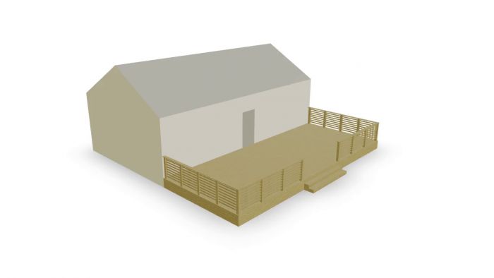 Digital 3D-modell av ett enkelt hus med trappa och räcken, isolerat på en vit bakgrund.