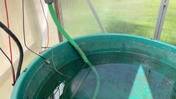 I videon visas hur ett bevattningssystem i ett växthus sätts igång inför plantsäsongen. Rensning av dysor med ståltråd och systemets provkörning demonstreras.