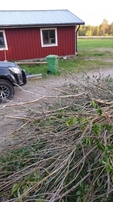 Henke påbörjade sitt altanprojekt med att rensa buskar och mark. Planen är att bygga en altan ovanpå en gabionmur. Här ser du förberedelserna för att skapa rätt nivå och linjer innan grävning och byggstart.