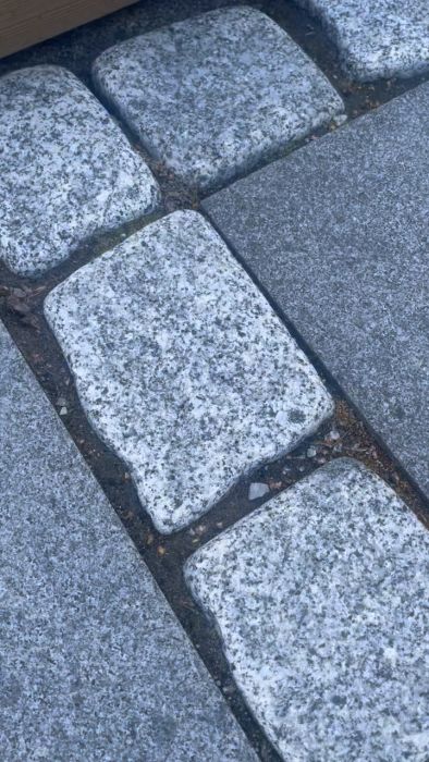 Filmen visar hur en dynamatrix hårdfog, som aldrig stelnar och har fått grön påväxt, krafas bort från stenläggning. Fråga ställs om man ska fylla på med annan eller samma fog.