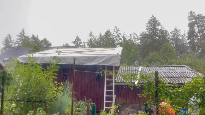 Se en regnfilm under ett takbyggprojekt. Takläggningen tog fart, men sommarregnet från bibeln hindrade vidare arbete. Pappremsan lades före takfotsplåten precis innan regnet började.