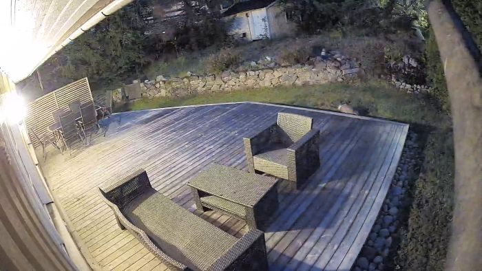 En övervakningskamera fångar nattliga aktiviteter på altanen. Filmen visar en oväntad besökare som passerar förbi i skymningen. En påminnelse om att du kan springa, men inte gömma dig!