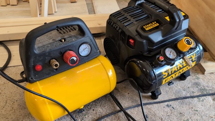 Se en jämförelse mellan en äldre högljudd kompressor och en nyare, tystare version. Perfekt för inomhusarbete som lister och foder utan att behöva använda hörselskydd. Upptäck fördelarna med den tysta modellen.