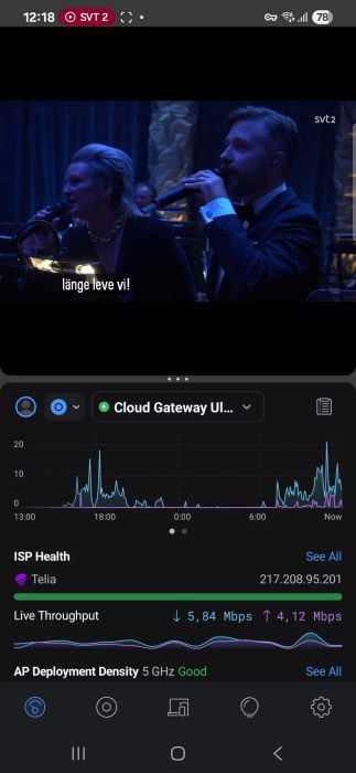 Se hur SVT2 livestreamades till en telefon via VPN, med trafikhastigheter mellan 0,5 och 20 Mbit/s. Snitthastigheten låg under 10 Mbit/s, vilket ger en rättvis film av upp-trafiken när du inte är hemma.