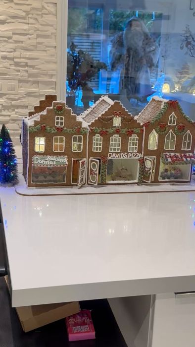Upptäck ett pepparkakshus med unika butiker som skapats för barnen: Donnas bakverk, Davids pizza och Daniel och Dianas godisbutik. En kreativ och söt hyllning till familjens intressen!